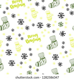 Light Green, Yellow vector seamless template with ice snowflakes, balls, socks, mittens. Colorful illustration with xmas symbols. Design for textile, fabric, wallpapers.