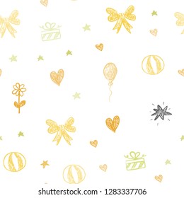 Light Green, Yellow vector seamless template with carnival elements. Illustration with a colorful toy car, heart, baloon, tulip, candy, ball. Template for new year postcards.