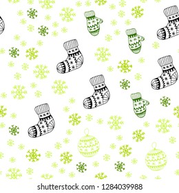Light Green, Yellow vector seamless cover with beautiful snowflakes, balls, socks, mittens. Colorful illustration with xmas symbols. Template for business cards, websites.