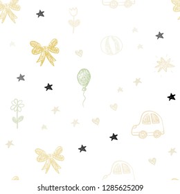 Light Green, Yellow vector seamless backdrop with holiday gifts. Abstract illustration with a toy car, heart, baloon, tulip, candy, ball. Design for holiday adverts.
