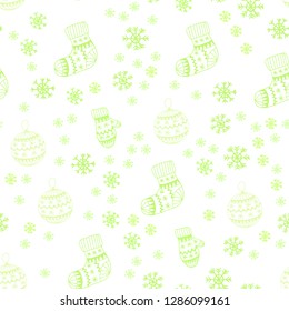 Light Green, Yellow vector seamless layout with bright snowflakes, balls, socks, mittens. Colorful decorative design in xmas style. Design for textile, fabric, wallpapers.