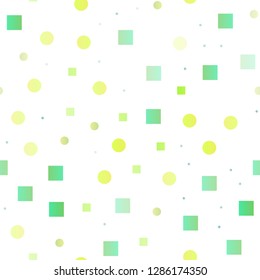 Light Green, Yellow vector seamless texture with disks, rectangles. Illustration with set of shining colorful abstract circles, cubes. Pattern for trendy fabric, wallpapers.