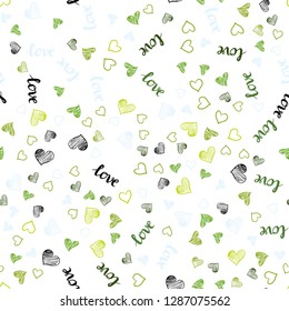 Light Green, Yellow vector seamless cover with quote LOVE YOU, hearts. Romantic illustration with colorful phrase LOVE YOU, hearts. Pattern for trendy fabric, wallpapers.