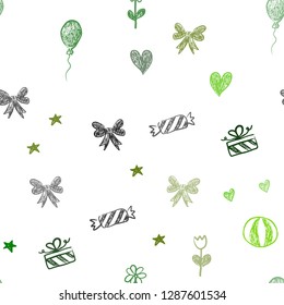 Light Green, Yellow vector seamless backdrop in holiday style. Illustration with a gradientheart, baloon, candy, gift, star, ribbon. Pattern for carnival, festival ads.