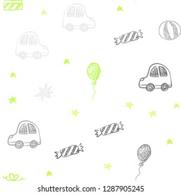 Light Green, Yellow vector seamless layout in new year style. Shining illustration with a toy car, baloon, candy, star, ball. Pattern for birthday gifts.