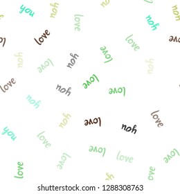 Light Green, Yellow vector seamless cover with quote LOVE YOU. Decorative illustration with words of love in abstract style. Texture for window blinds, curtains.