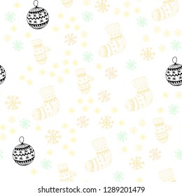 Light Green, Yellow vector seamless template with ice snowflakes, balls, socks, mittens. Colorful xmas elements with gradient. Texture for window blinds, curtains.