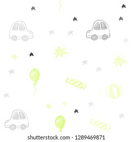 Light Green, Yellow vector seamless template in carnival style. Abstract illustration with a toy car, baloon, candy, star, ball. Template for new year postcards.
