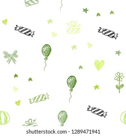Light Green, Yellow vector seamless pattern in christmas style. Shining illustration with aheart, baloon, candy, gift, star, ribbon. Pattern for birthday gifts.