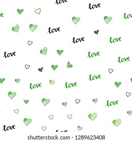 Light Green, Yellow vector seamless pattern with phrase LOVE YOU, hearts. Illustration with words of love, hearts in abstract style. Design for wallpaper, fabric makers.