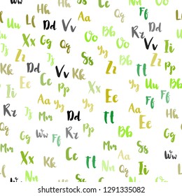 Light Green, Yellow vector seamless backdrop with english symbols. Colored alphabet signs with gradient on white background. Texture for window blinds, curtains.