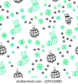 Light Green, Yellow vector seamless texture with colored snowflakes, balls, socks, mittens. Shining colorful illustration in christmas style. Design for wallpaper, fabric makers.