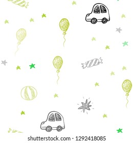 Light Green, Yellow vector seamless template in carnival style. Abstract illustration with a toy car, baloon, candy, star, ball. Pattern for birthday gifts.