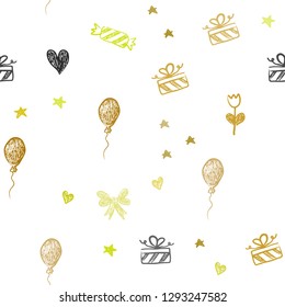 Light Green, Yellow vector seamless pattern in christmas style. Illustration with a colorfulheart, baloon, candy, gift, star, ribbon. Pattern for carnival, festival ads.