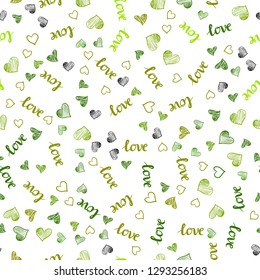 Light Green, Yellow vector seamless pattern with phrase LOVE YOU, hearts. Romantic illustration with colorful phrase LOVE YOU, hearts. Template for business cards, websites.