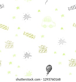 Light Green, Yellow vector seamless backdrop in holiday style. Illustration with a gradient toy car, baloon, candy, star, ball. Design for holiday adverts.