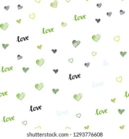 Light Green, Yellow vector seamless background with words of love, hearts. Illustration with phrase LOVE YOU, hearts for valentine's day. Pattern for design of fabric, wallpapers.