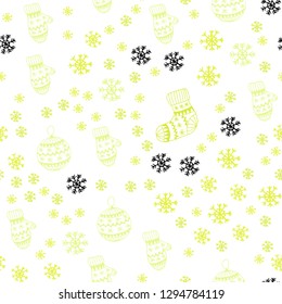 Light Green, Yellow vector seamless background with xmas snowflakes, balls, socks, mittens. Colorful illustration with xmas symbols. Template for business cards, websites.