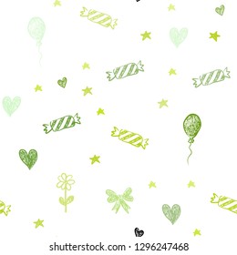 Light Green, Yellow vector seamless layout in new year style. Shining illustration with aheart, baloon, candy, gift, star, ribbon. Pattern for carnival, festival ads.