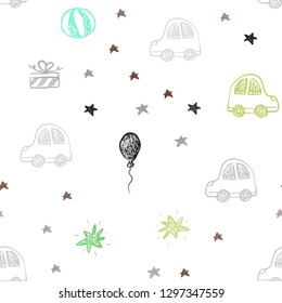 Light Green, Yellow vector seamless backdrop in holiday style. Illustration with a colorful toy car, baloon, candy, star, ball. Design for holiday adverts.