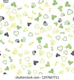 Light Green, Yellow vector seamless template with text LOVE YOU, hearts. Illustration with phrase LOVE YOU, hearts for valentine's day. Design for wallpaper, fabric makers.