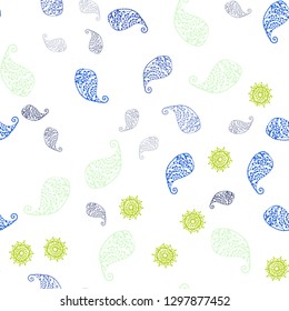 Light Green, Yellow vector seamless elegant background with leaves and flowers. Sketchy doodles on white background. Pattern for trendy fabric, wallpapers.