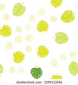 Light Green, Yellow vector seamless elegant pattern with flowers, leaves. Abstract illustration with leaves, flowers in doodles style. Pattern for trendy fabric, wallpapers.