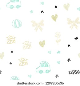 Light Green, Yellow vector seamless pattern with christmas toys. Illustration with a colorful toy car, heart, baloon, tulip, candy, ball. Pattern for carnival, festival ads.