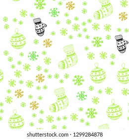 Light Green, Yellow vector seamless pattern with christmas snowflakes, balls, socks, mittens. Colorful xmas elements with gradient. Texture for window blinds, curtains.