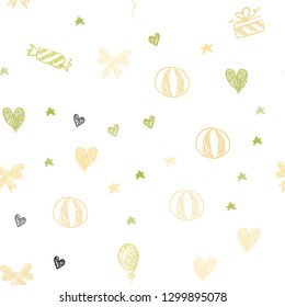 Light Green, Yellow vector seamless background in xmas style. Design in xmas style with aheart, baloon, candy, gift, star, ribbon. Pattern for new year ads.
