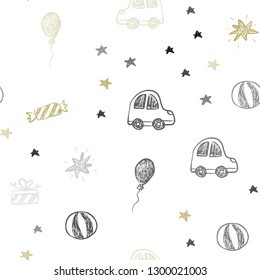 Light Green, Yellow vector seamless background in xmas style. Design in xmas style with a toy car, baloon, candy, star, ball. Pattern for new year ads.