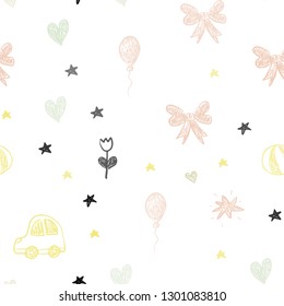 Light Green, Yellow vector seamless pattern with christmas toys. Colorful illustration with a toy car, heart, baloon, tulip, candy, ball. Pattern for carnival, festival ads.