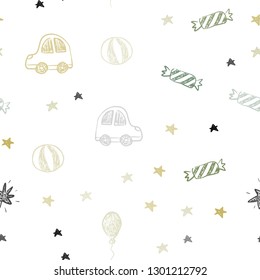 Light Green, Yellow vector seamless pattern in christmas style. Illustration with a colorful toy car, baloon, candy, star, ball. Pattern for birthday gifts.