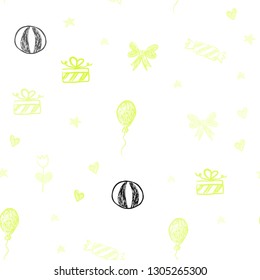 Light Green, Yellow vector seamless background in xmas style. Illustration with a colorfulheart, baloon, candy, gift, star, ribbon. Pattern for carnival, festival ads.