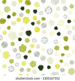 Light Green, Yellow vector seamless elegant pattern with leaves, flowers. Leaves and flowers with gradient on white background. Template for business cards, websites.