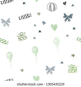 Light Green, Yellow vector seamless texture in birthday style. Design in xmas style with aheart, baloon, candy, gift, star, ribbon. Pattern for carnival, festival ads.