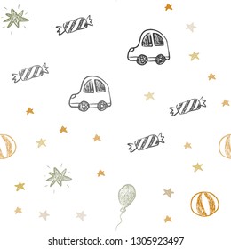 Light Green, Yellow vector seamless background in xmas style. Illustration with a colorful toy car, baloon, candy, star, ball. Template for new year postcards.