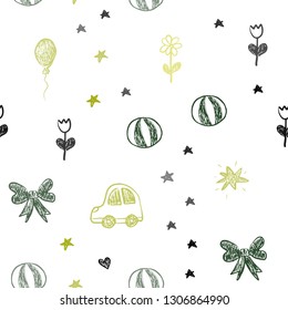 Light Green, Yellow vector seamless layout with new year gifts. Design in xmas style with a toy car, heart, baloon, tulip, candy, ball. Pattern for new year ads.