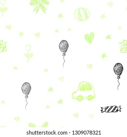 Light Green, Yellow vector seamless backdrop with holiday gifts. Illustration with a colorful toy car, heart, baloon, tulip, candy, ball. Design for colorful commercials.