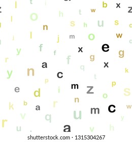 Light Green, Yellow vector seamless backdrop with english symbols. Blurred design in simple style with signs of alphabet. Pattern for design of fabric, wallpapers.