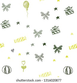 Light Green, Yellow vector seamless backdrop in holiday style. Illustration with a colorfulheart, baloon, candy, gift, star, ribbon. Template for new year postcards.