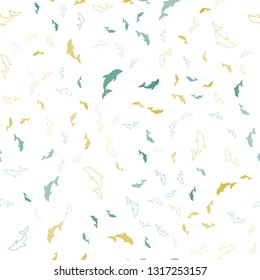 Light Green, Yellow vector seamless texture with dolphins. Decorative design in natural style with sea dolphins. Template for natural magazines.