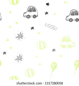 Light Green, Yellow vector seamless pattern in christmas style. Design in xmas style with a toy car, baloon, candy, star, ball. Design for colorful commercials.