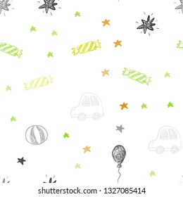 Light Green, Yellow vector seamless template in carnival style. Colorful illustration with a toy car, baloon, candy, star, ball. Design for holiday adverts.