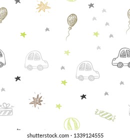 Light Green, Yellow vector seamless backdrop in holiday style. Colorful illustration with a toy car, baloon, candy, star, ball. Pattern for carnival, festival ads.