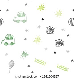 Light Green, Yellow vector seamless texture in birthday style. Abstract illustration with a toy car, baloon, candy, star, ball. Pattern for carnival, festival ads.