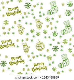 Light Green, Yellow vector seamless template with ice snowflakes, balls, socks, mittens. Colorful illustration with xmas symbols. Texture for window blinds, curtains.