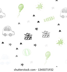 Light Green, Yellow vector seamless layout in new year style. Shining illustration with a toy car, baloon, candy, star, ball. Pattern for birthday gifts.