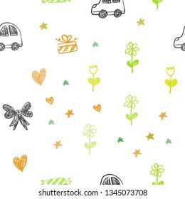 Light Green, Yellow vector seamless template with carnival elements. Colorful illustration with a toy car, heart, baloon, tulip, candy, ball. Pattern for birthday gifts.