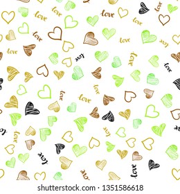 Light Green, Yellow vector seamless pattern with phrase LOVE YOU, hearts. Design in doodle style with text LOVE YOU, hearts. Pattern for trendy fabric, wallpapers.